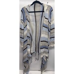 Goddis Linsey Hooded Wrap Sweater With Fringe Knit Gray Cream Blue S/M